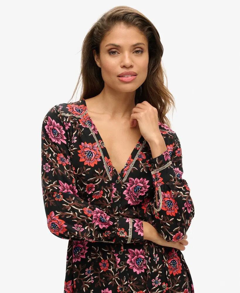superdry Bedrukt V‑Hals Mini Tea Jurk Mori Floral Brown 3/7