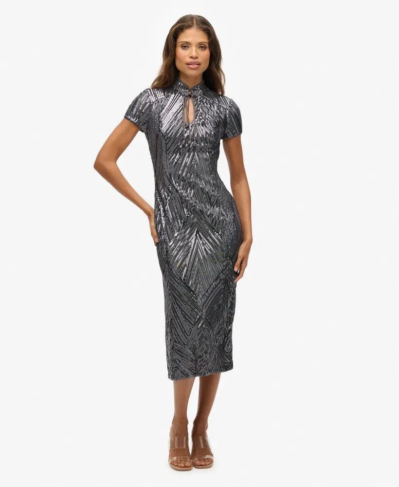 superdry Vestido midi Mandarin com lantejoulas Gunmetal Deco Sequin 3/7