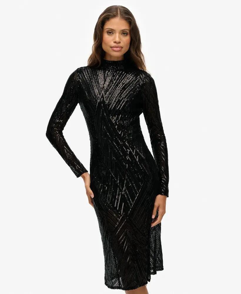 superdry Midi-jurk lange mouwen met open rug en pailletten 2/7