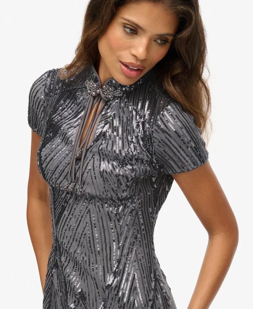 superdry Vestido midi Mandarin com lantejoulas Gunmetal Deco Sequin 2/7