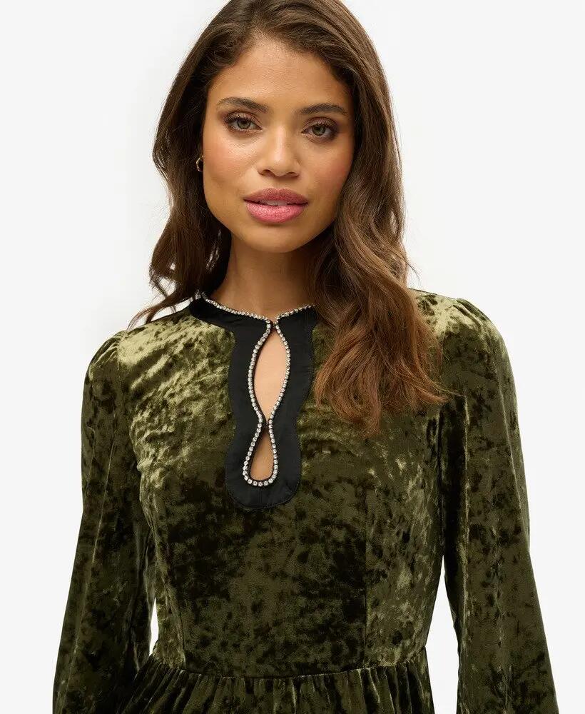 superdry Diamante Velvet Mini Dress - Soft Khaki 3/7