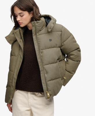 Superdry premium gevoerde jas met capuchon en ruitpatroon – olive/navy check