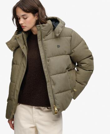 superdry Premium Kapuzen-Steppjacke mit Karo-Muster – Olive/Marineblau Check