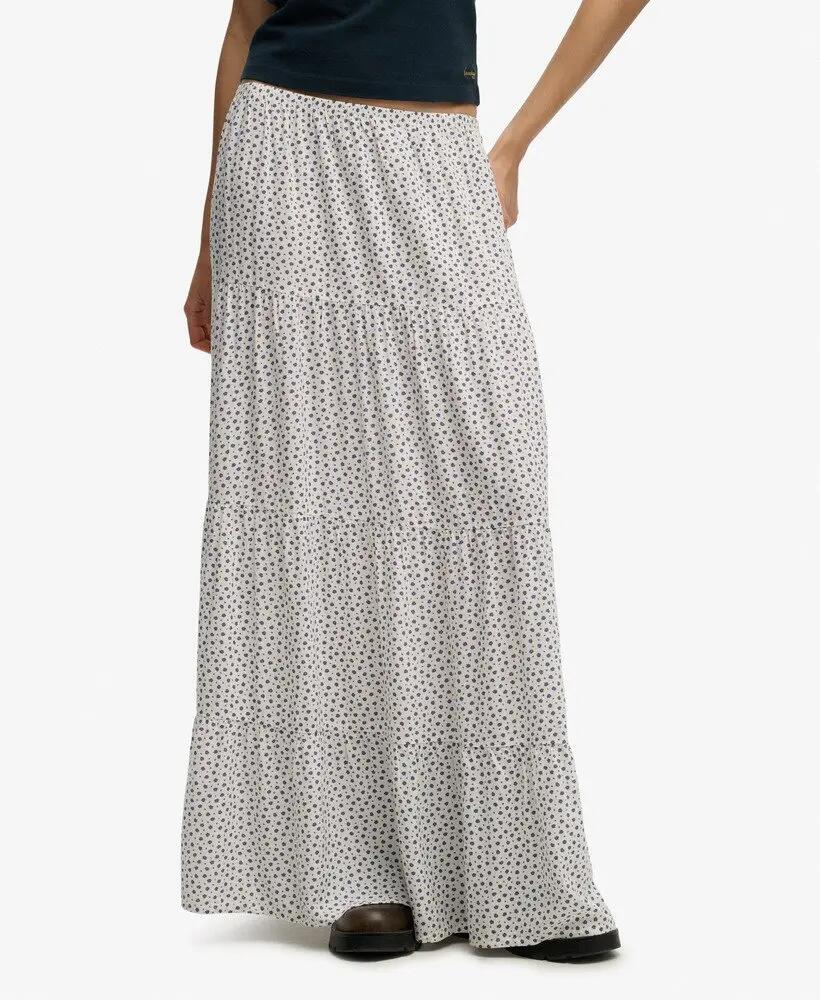 superdry Szyfonowa spódnica maxi w warstwach z wiskozy – Off White Ditsy Hearts 3/5