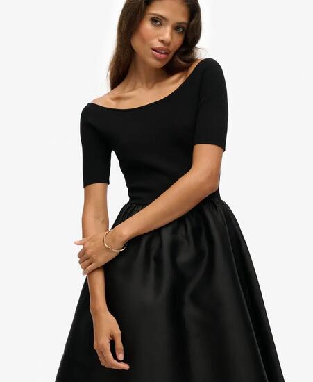 superdry Gewebtes Midi-Kleid mit Materialmix – Schwarz