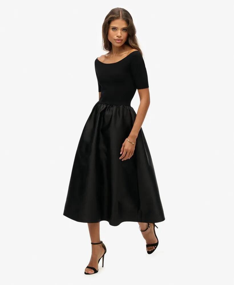 superdry Vestido midi tecido com mistura de materiais – Preto 3/7