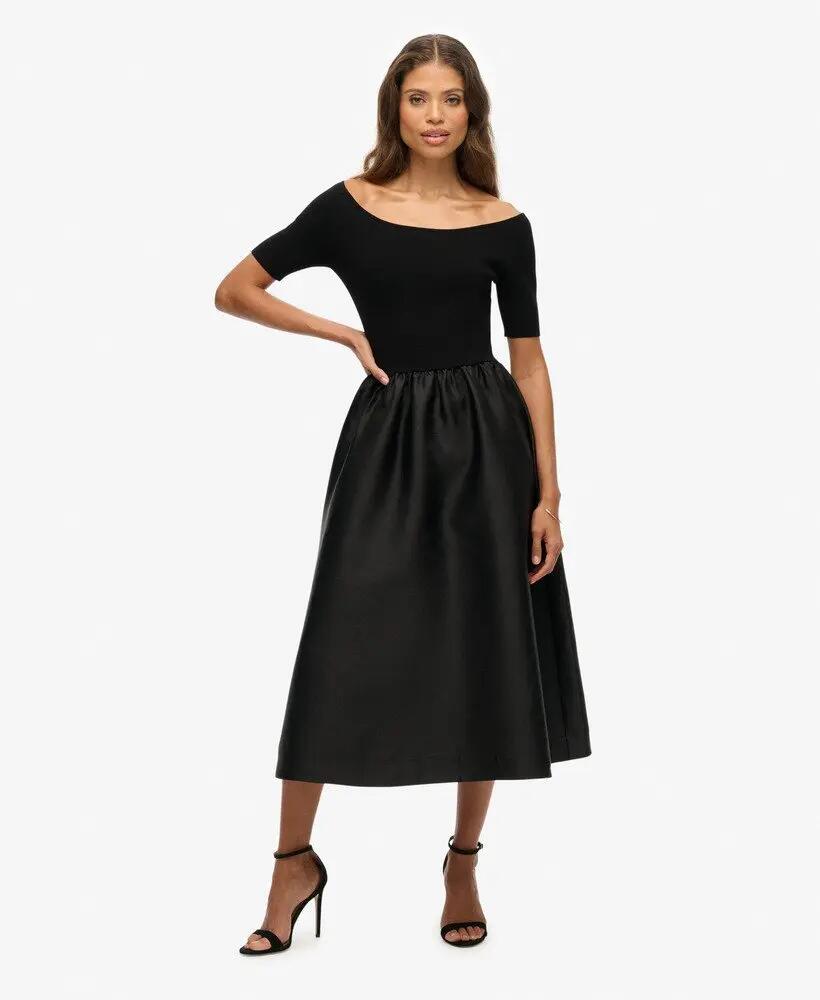 superdry Vestido midi tecido com mistura de materiais – Preto 2/7