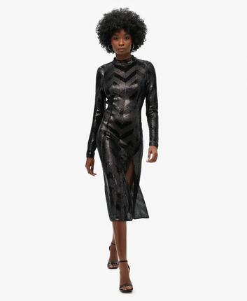 superdry Chevron Open Back Midi-Kleid mit schwarzen Pailletten – Black Deco