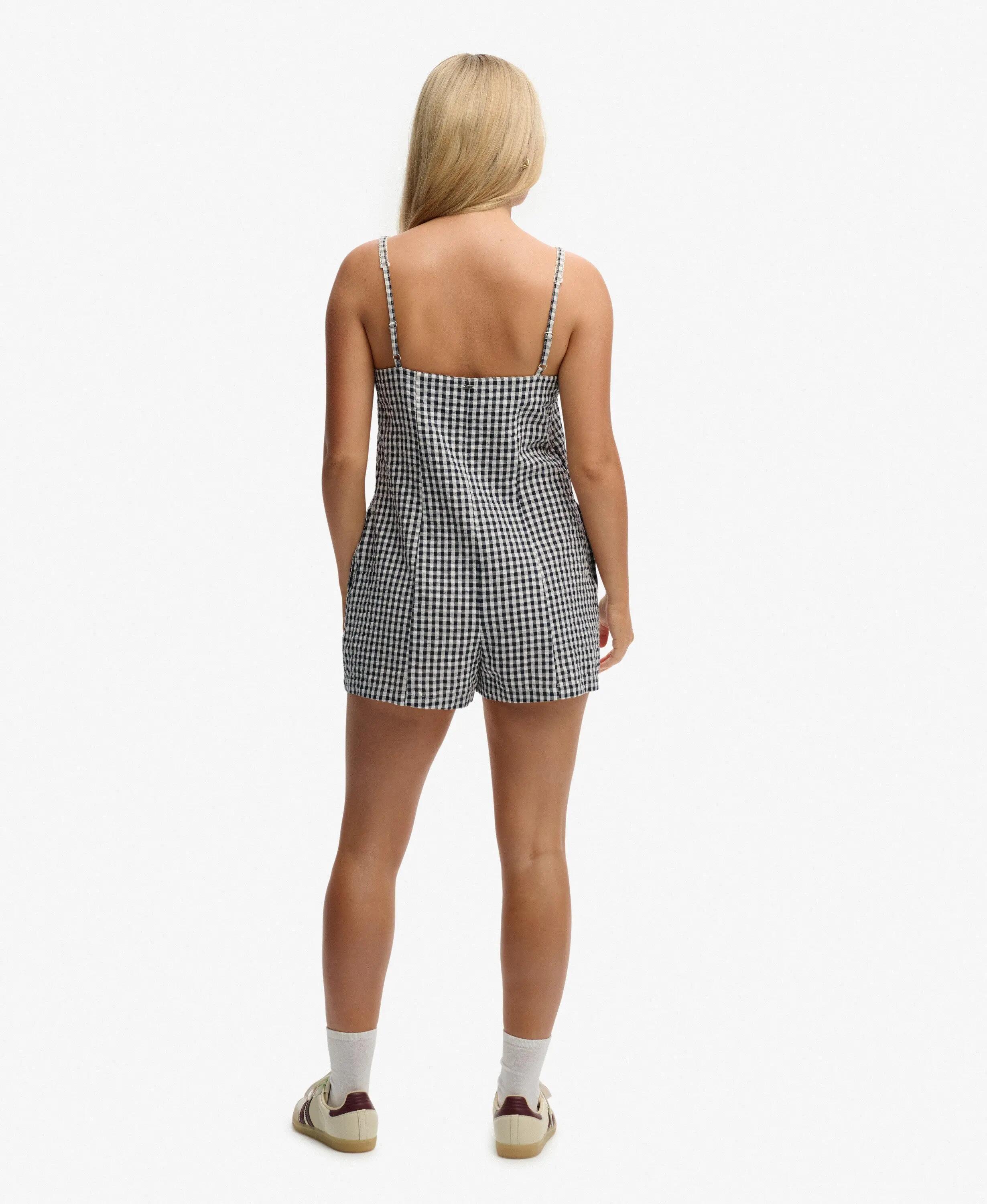 superdry Gingham Cami Playsuit em algodão biológico – Navy Gingham 6/7
