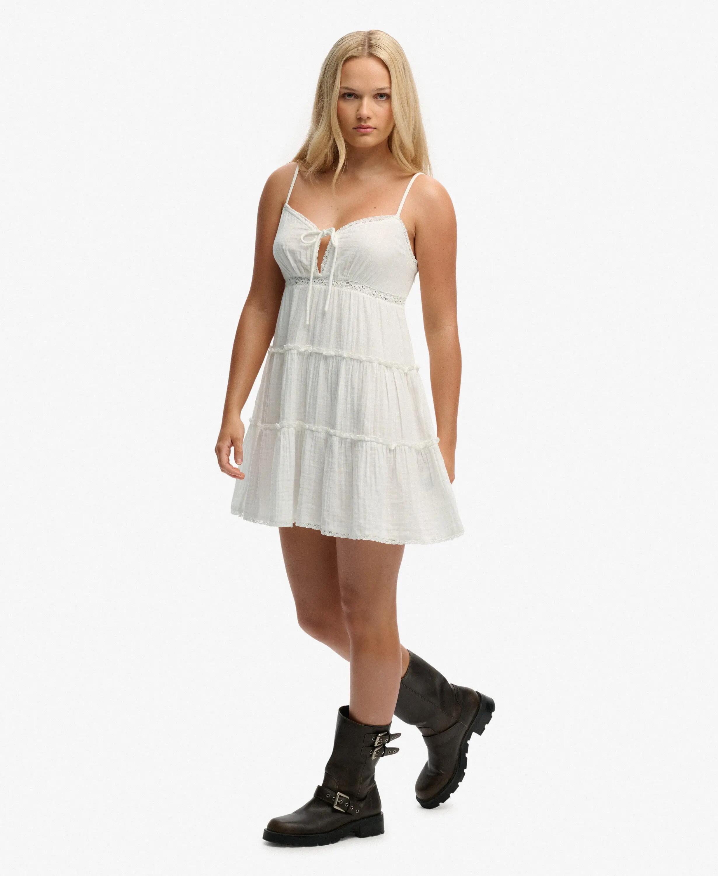 superdry Vestido mini folhado em gaze – 100% algodão biológico, OFF WHITE 5/6