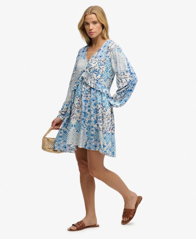 superdry Woven Gelaagd Mini Jurk - Blue Beach Geo 3/6