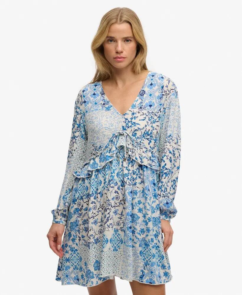 superdry Woven Gelaagd Mini Jurk - Blue Beach Geo 2/6