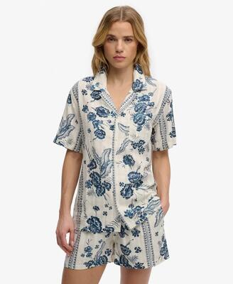 Superdry beach korte mouw blouse ikat floral red katoen/viscose