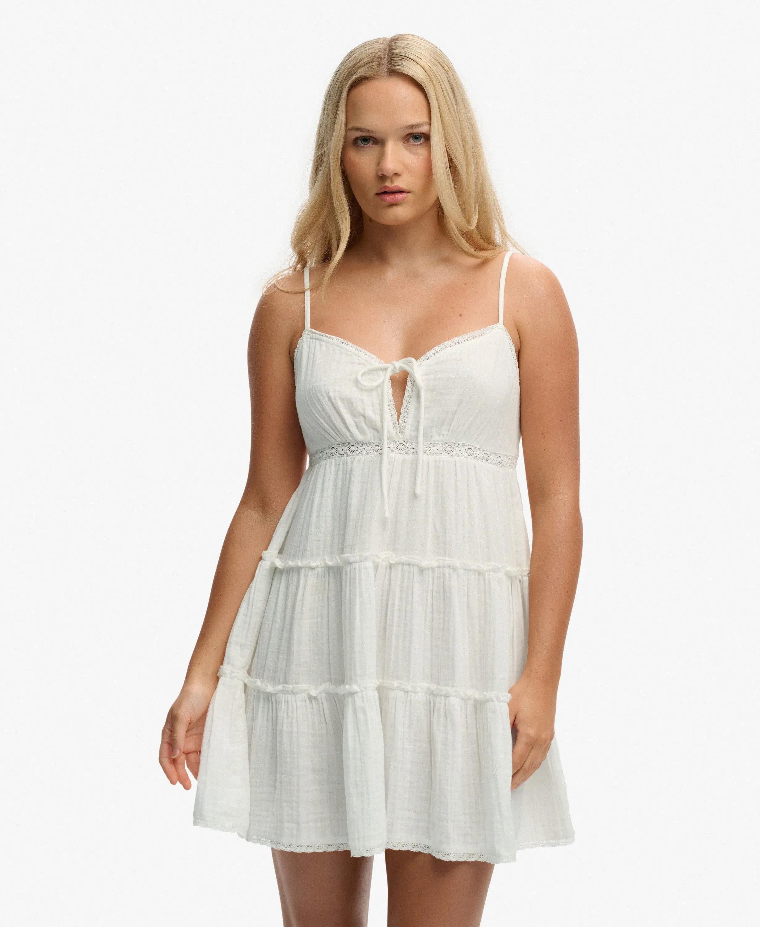superdry Vestido mini folhado em gaze – 100% algodão biológico, OFF WHITE 2/6