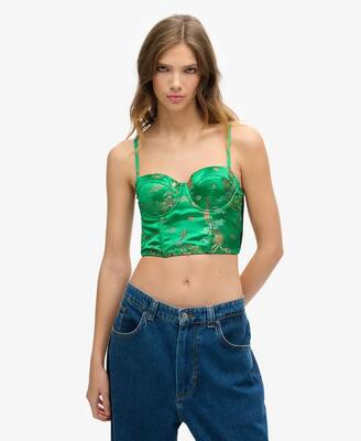 Superdry satijn brocade crop corset top groen brokaat