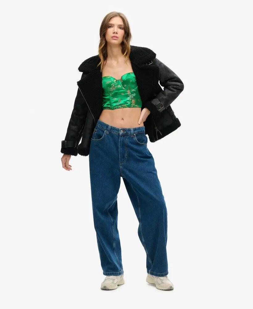 superdry Satijn Brocade Crop Corset Top Groen Brokaat 7/7