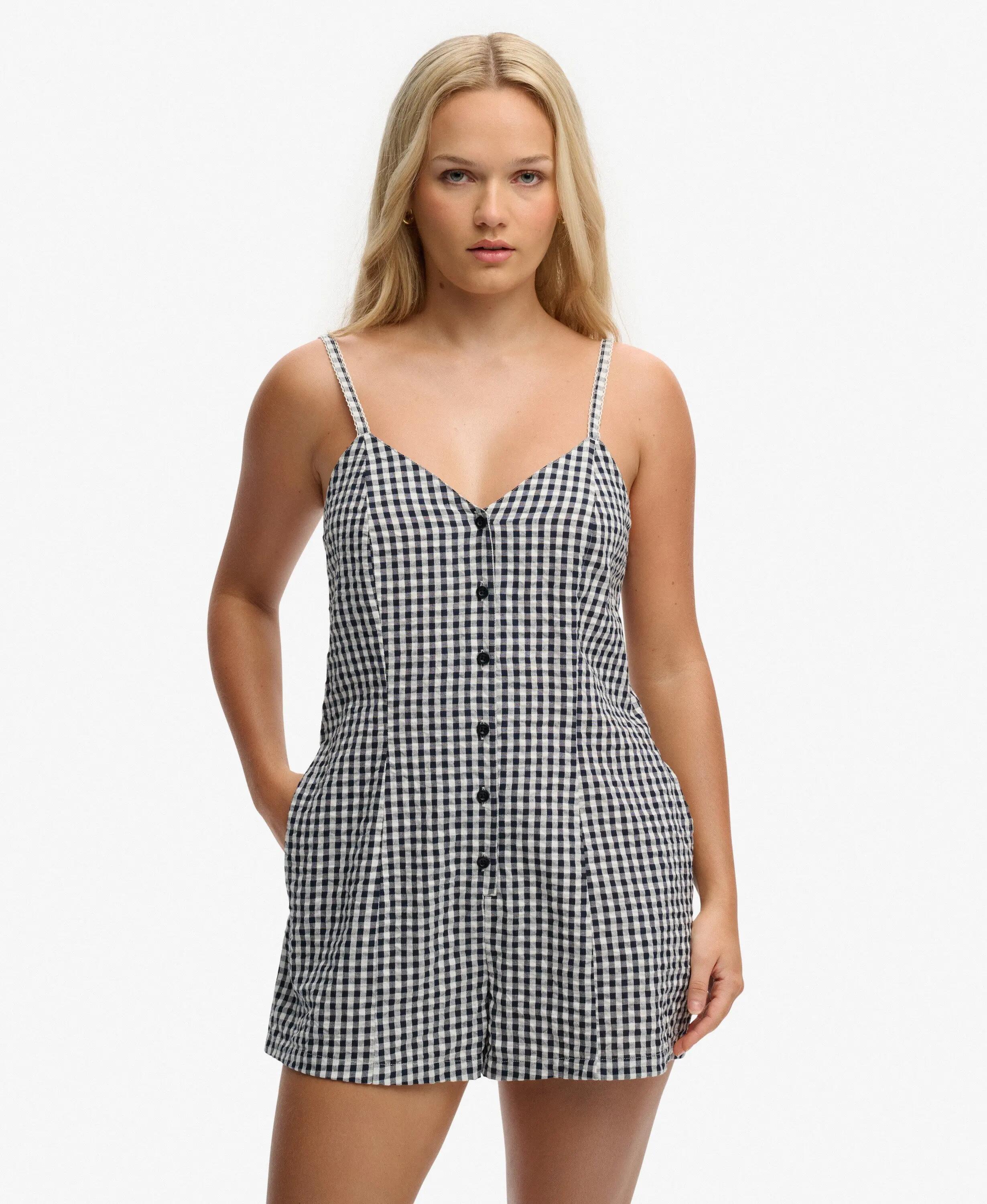 superdry Gingham Cami Playsuit em algodão biológico – Navy Gingham 2/7