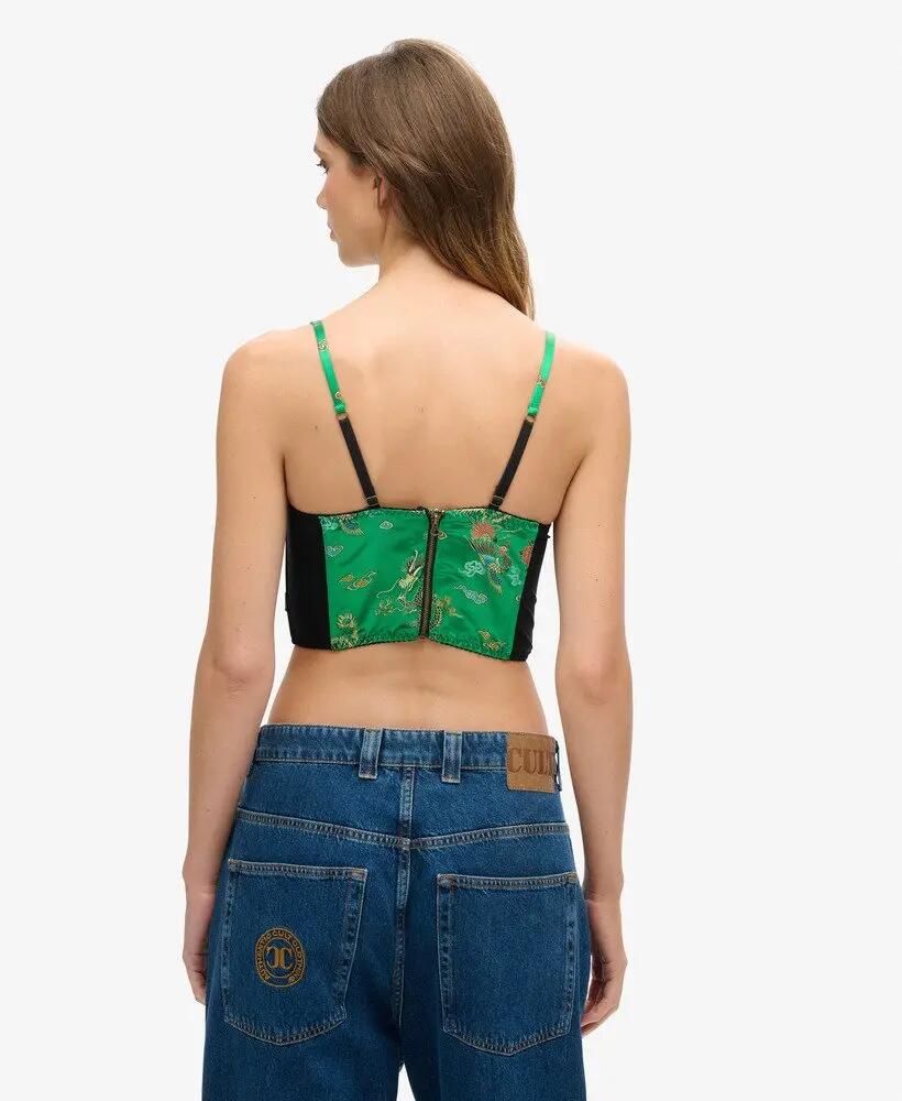 superdry Satijn Brocade Crop Corset Top Groen Brokaat 4/7