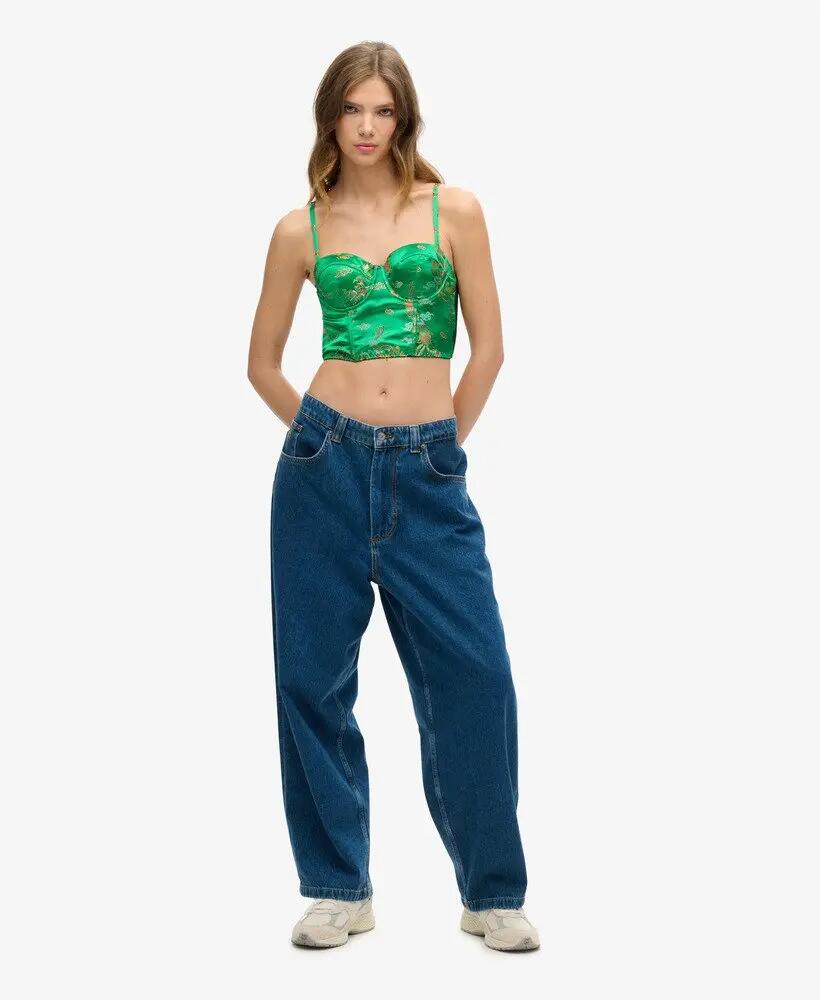 superdry Satijn Brocade Crop Corset Top Groen Brokaat 2/7