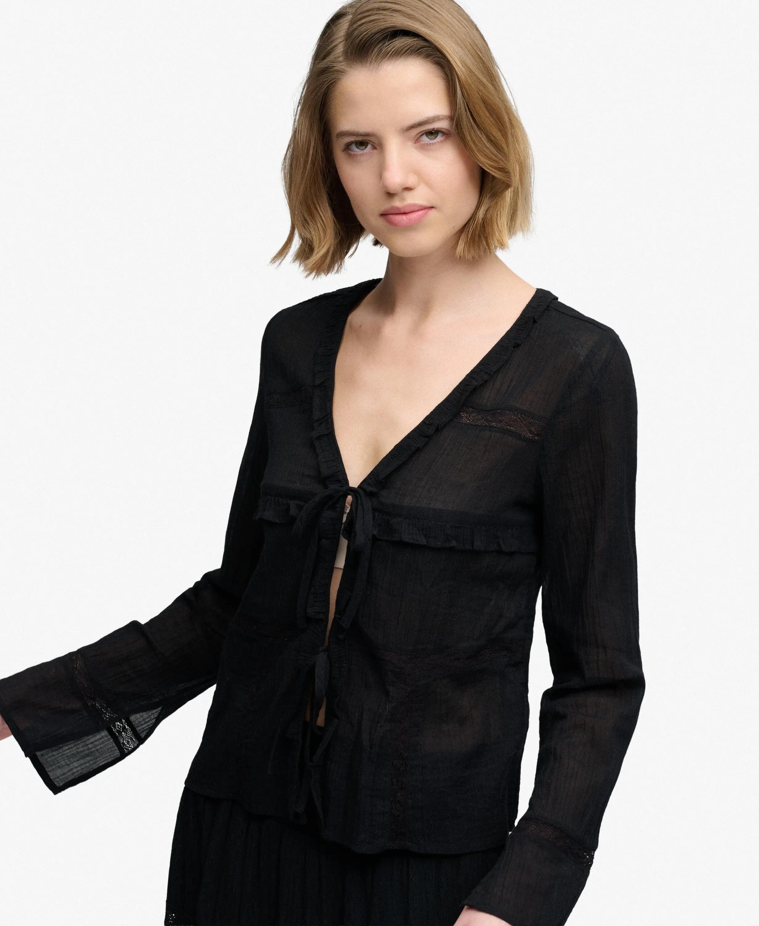 superdry Top manches longues en dentelle à nouer – coupe décontractée, noir 2/5