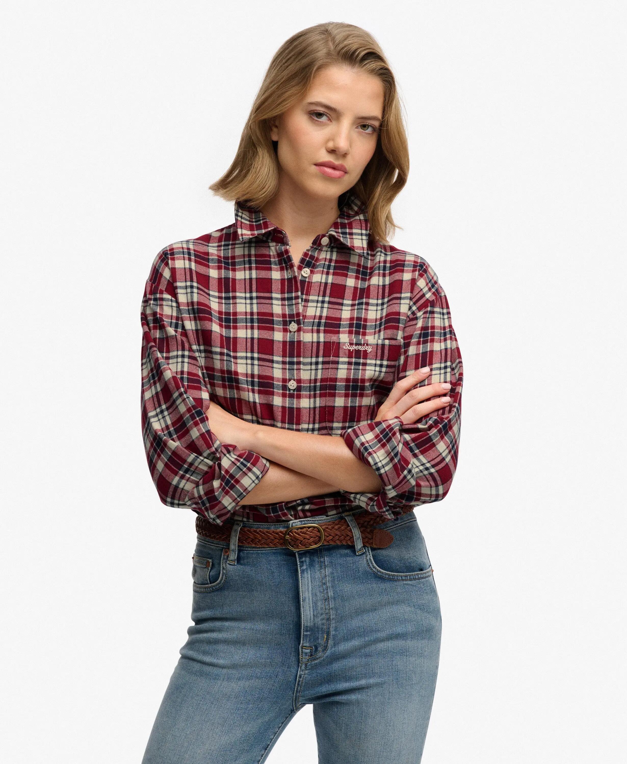superdry Camisa Check Flannel Relaxed em algodão orgânico – Bordeaux Red Check 2/7