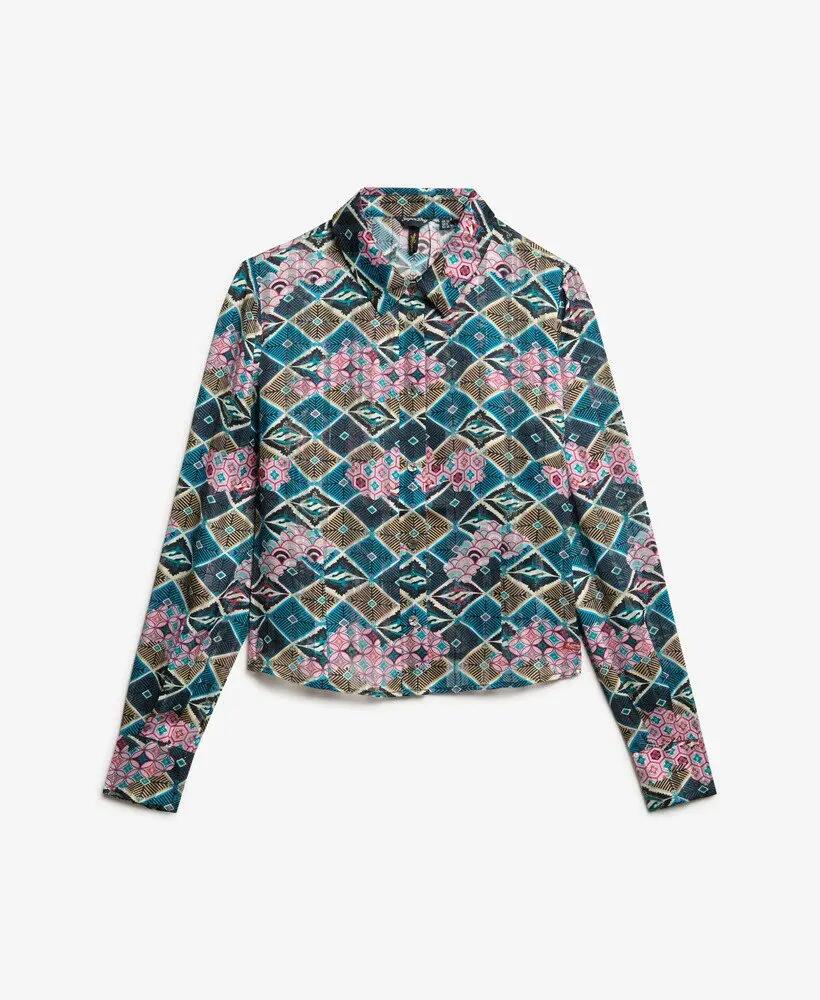 superdry Blusa Sheer Lurex stampata – Mukaitsuru Teal Pink 6/6