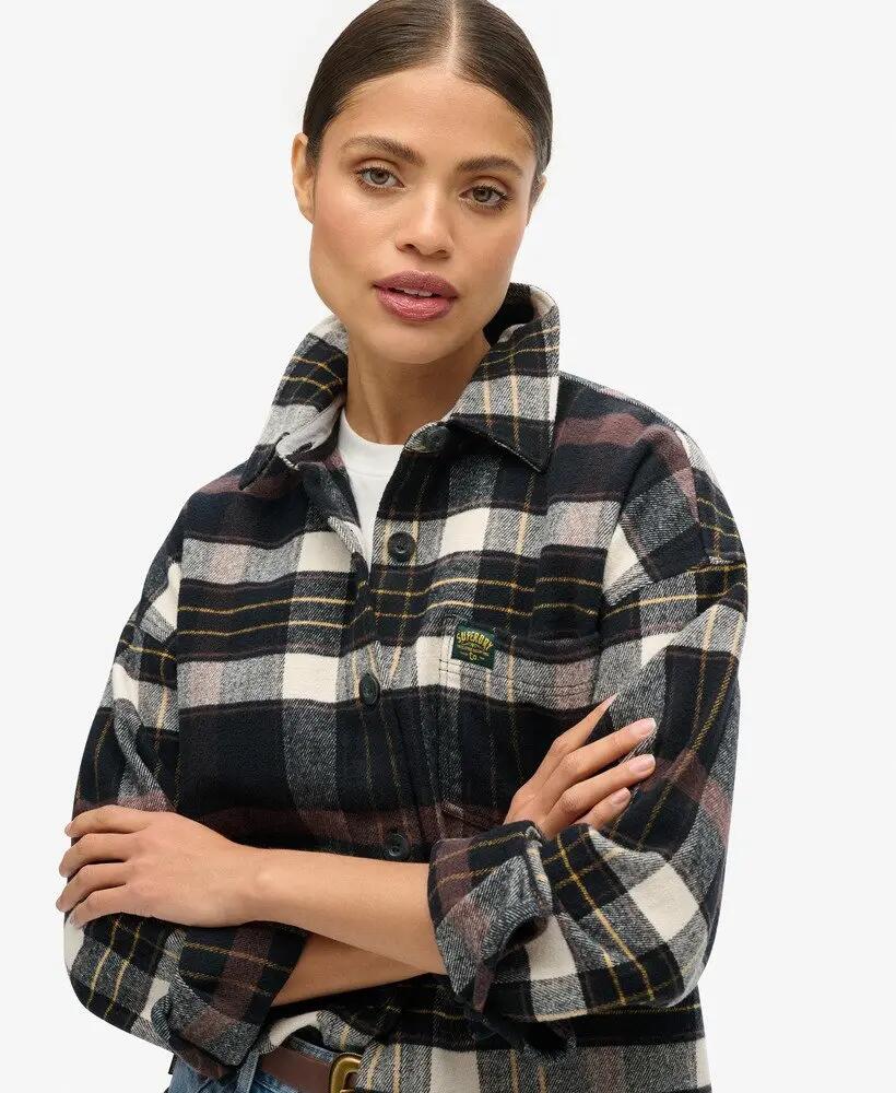 superdry Overshirt xadrez em flanela de algodão orgânico – Chocolate/Black Check 3/4