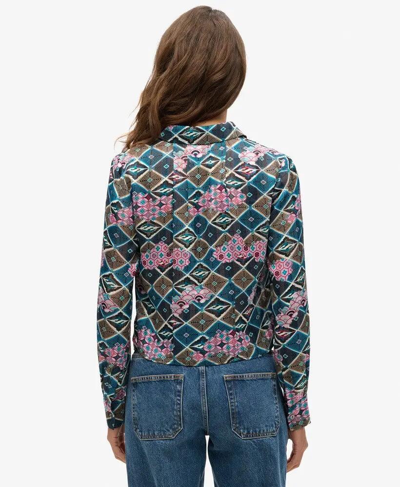 superdry Blusa Sheer Lurex stampata – Mukaitsuru Teal Pink 4/6