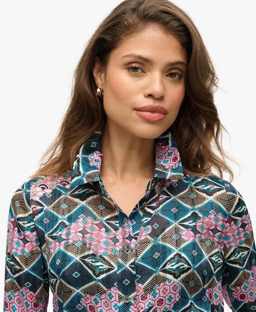 superdry Blusa Sheer Lurex stampata – Mukaitsuru Teal Pink 3/6