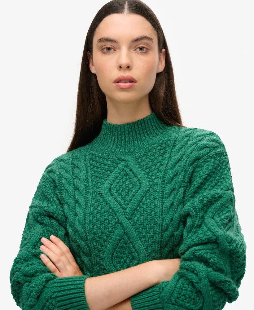 superdry Aran Cable Knit Polo Jumper mulher – malha Aran quente 3/6
