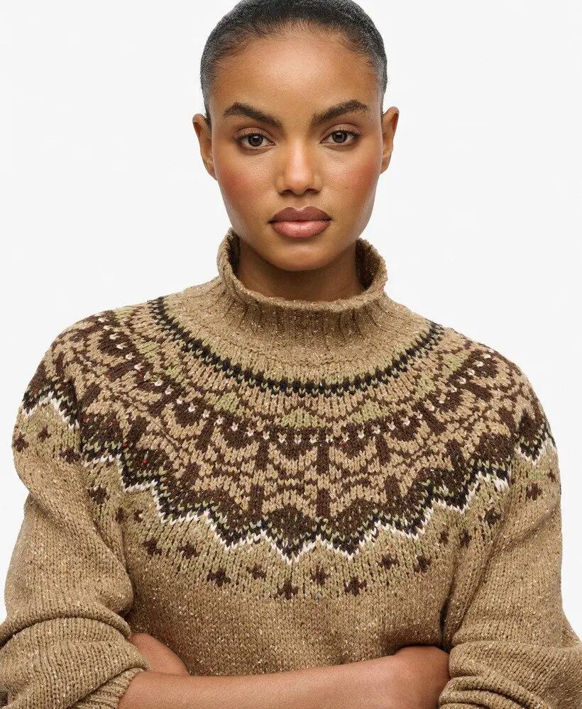 superdry Maglione Fairisle Collo Alto Loose Fit Tan Brown Multi 4/6