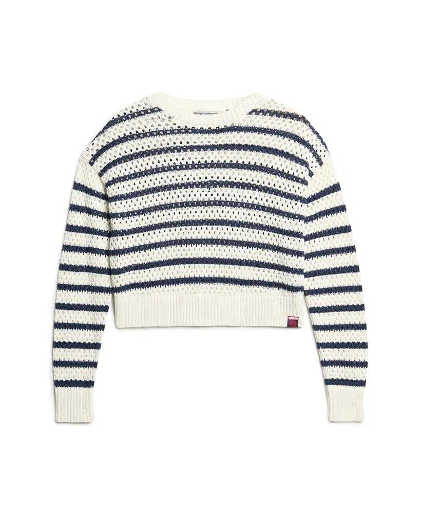 superdry Pull court crochet à rayures en coton bio – Natural White Stripe 6/6