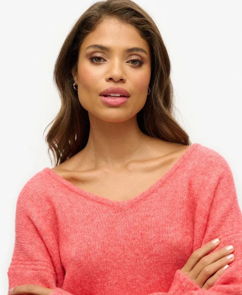 superdry Camisola oversize decote em V Coral Red Twist 3/4