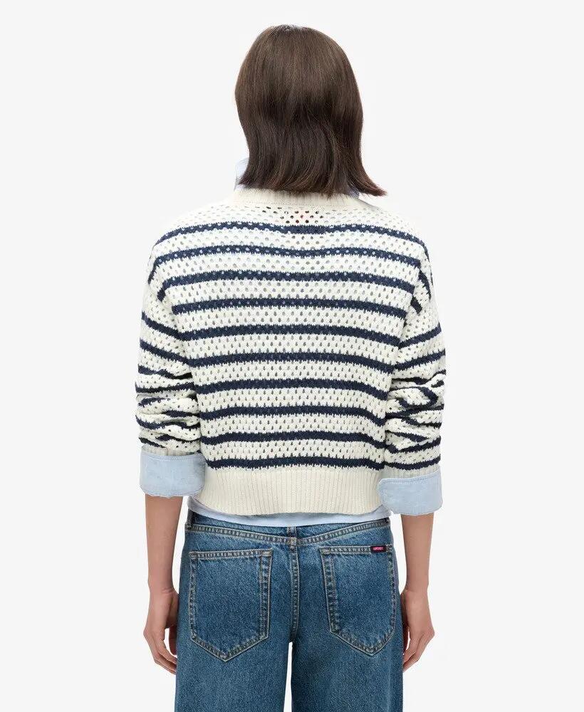 superdry Pull court crochet à rayures en coton bio – Natural White Stripe 4/6