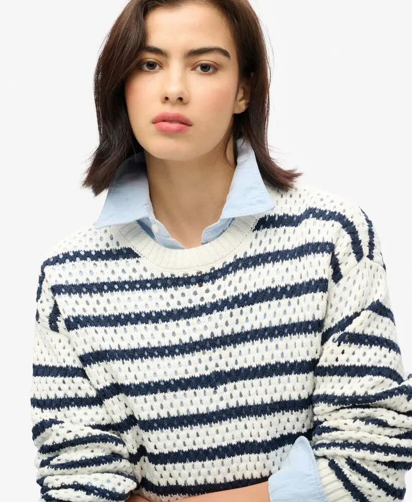 superdry Pull court crochet à rayures en coton bio – Natural White Stripe 3/6