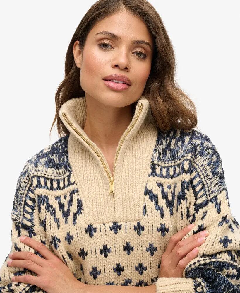superdry Pull zippé Ski Lodge en maille – Island Ecru 4/7