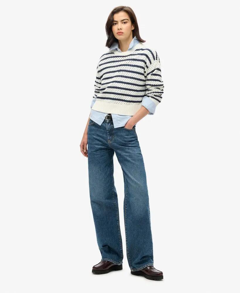 superdry Pull court crochet à rayures en coton bio – Natural White Stripe 2/6