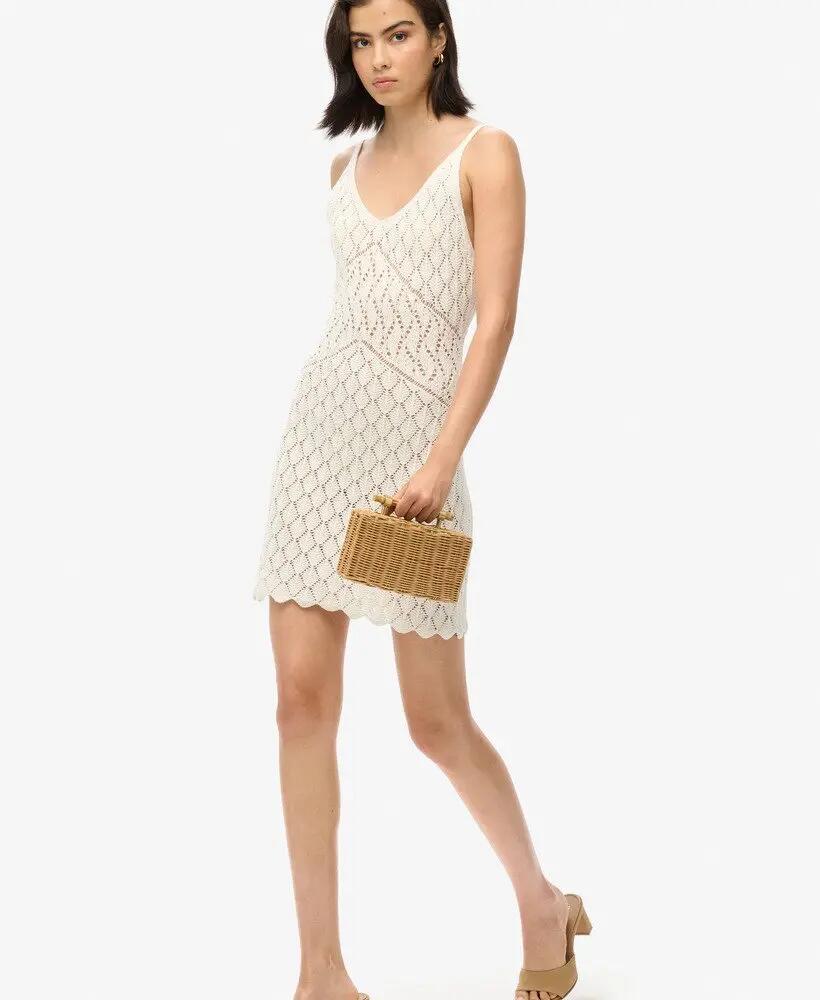 superdry Crochet Cami Mini Dress Desert Bone Off White 6/7