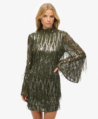 Superdry fringe sequin mini dress dusty olive green