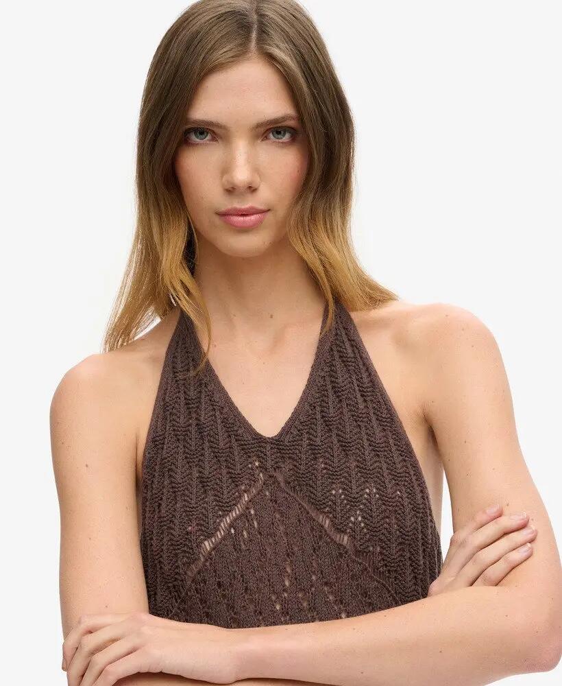 superdry Vestido maxi halter em crochet — Dark Oak Brown 4/7