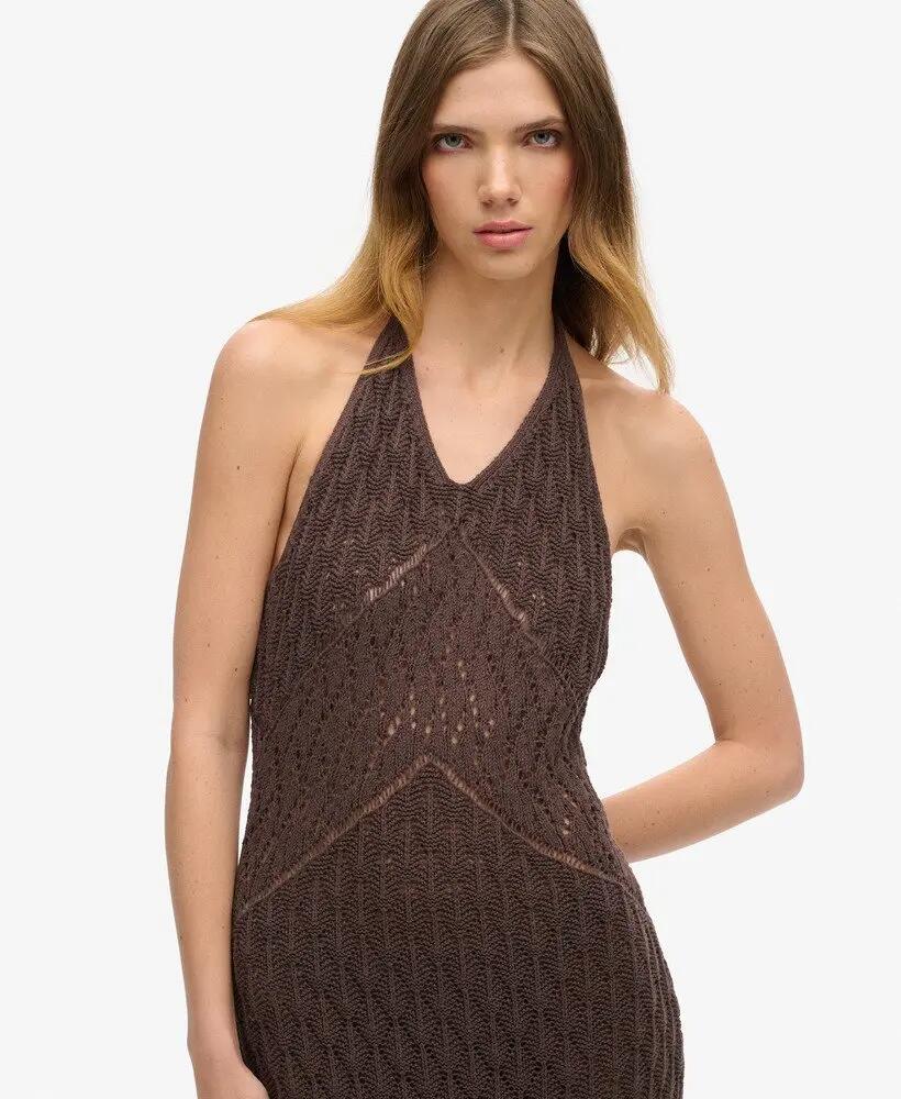 superdry Vestido maxi halter em crochet — Dark Oak Brown 3/7