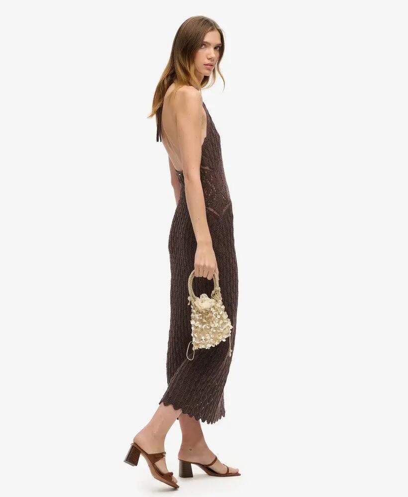 superdry Vestido maxi halter em crochet — Dark Oak Brown 2/7