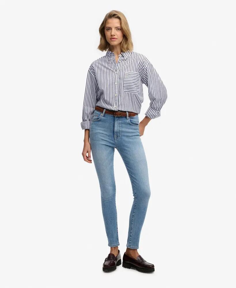 superdry Chemise Poplin Relaxed manches longues en coton bio – NAVY/WHITE 3/7