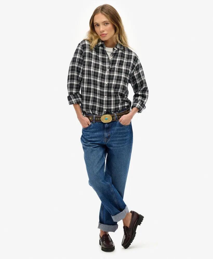 superdry Camisa boyfriend flanela xadrez, oversize – Black/Ecru Check 3/7