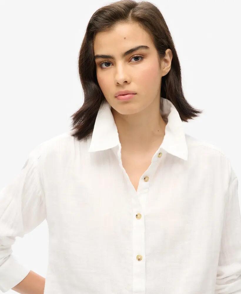 superdry Longline Beach Shirt Damen aus 100% Baumwolle, weiß – WHITE 3/7