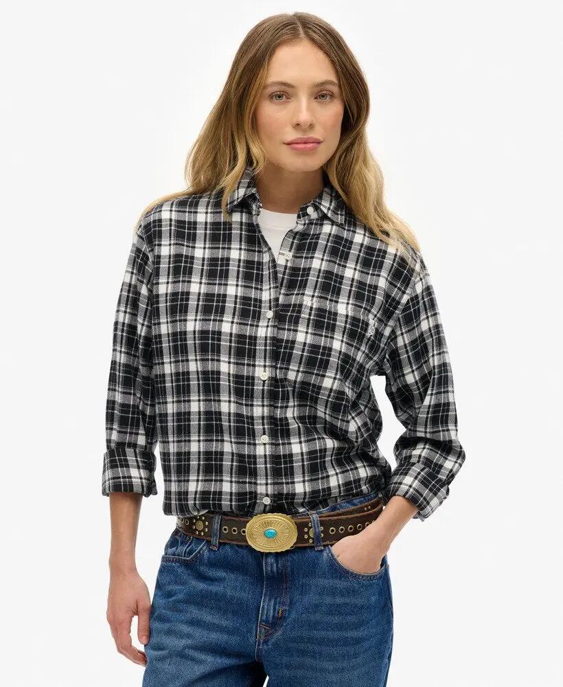 superdry Camisa boyfriend flanela xadrez, oversize – Black/Ecru Check 2/7