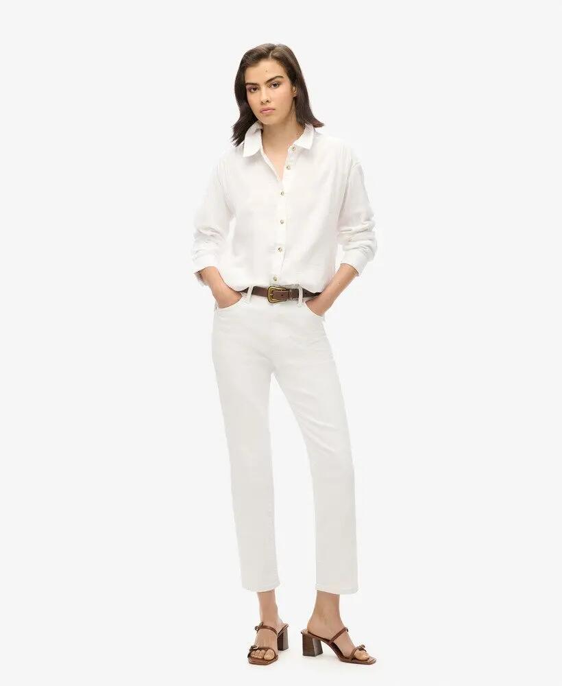 superdry Longline Beach Shirt Damen aus 100% Baumwolle, weiß – WHITE 2/7
