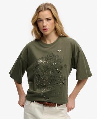 Superdry oversized t‑shirt met tattoo‑versiering – dusty olive green