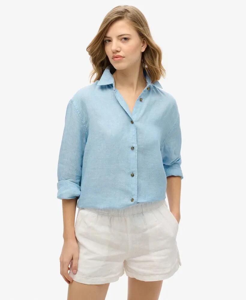 superdry Koszula Boyfriend Casual z Lnu - Sea Blue Chambray 1/6