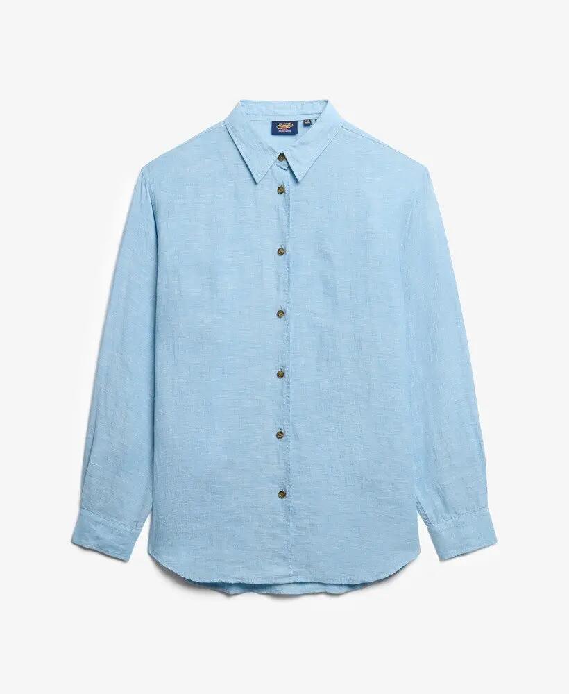 superdry Koszula Boyfriend Casual z Lnu - Sea Blue Chambray 6/6